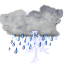 Céu encoberto com aguaceiros e tempestades