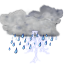 Céu encoberto com aguaceiros e tempestades