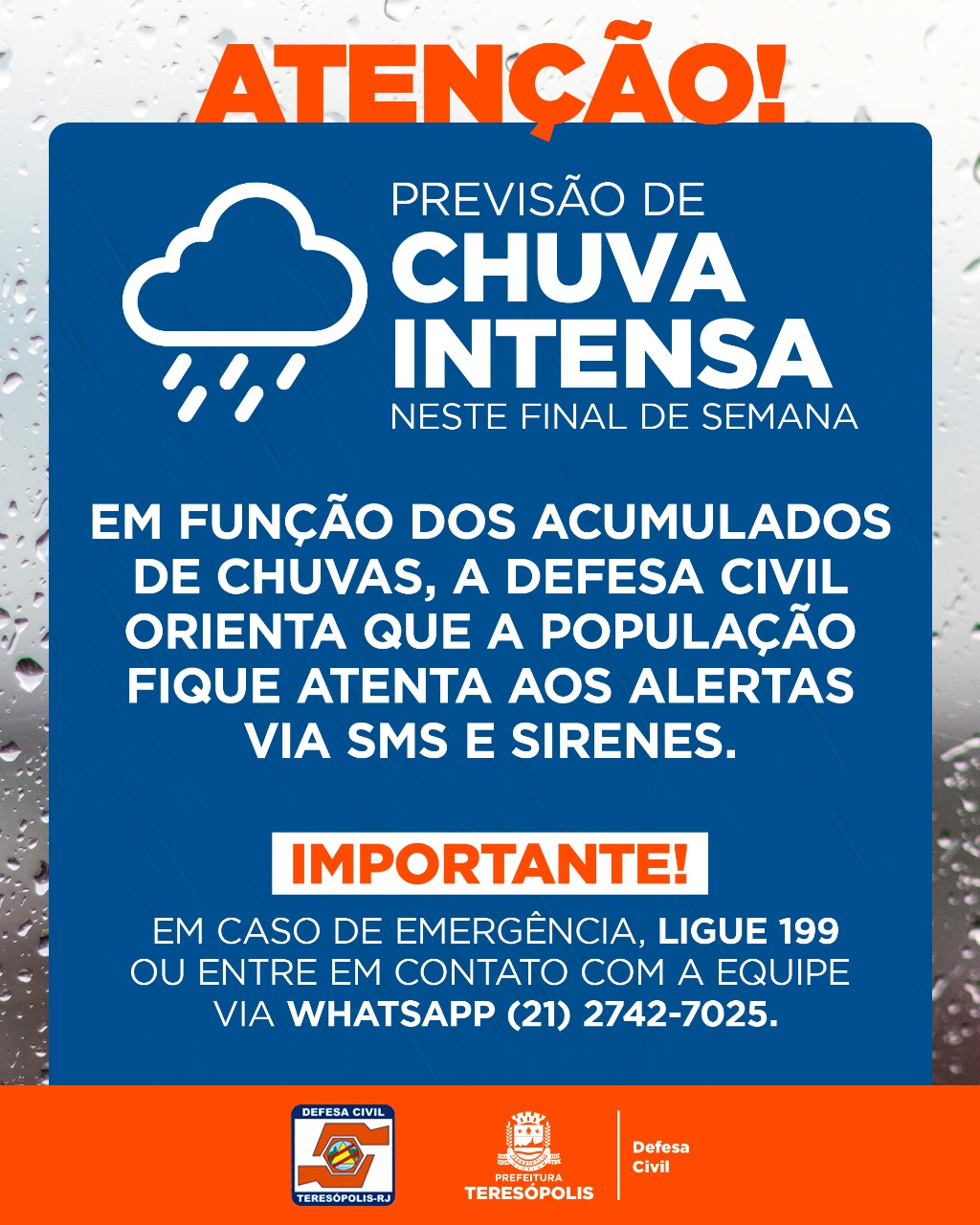 NOTA – PREVISÃO DE CHUVA INTENSA NESTE FINAL DE SEMANA EM TERESÓPOLIS