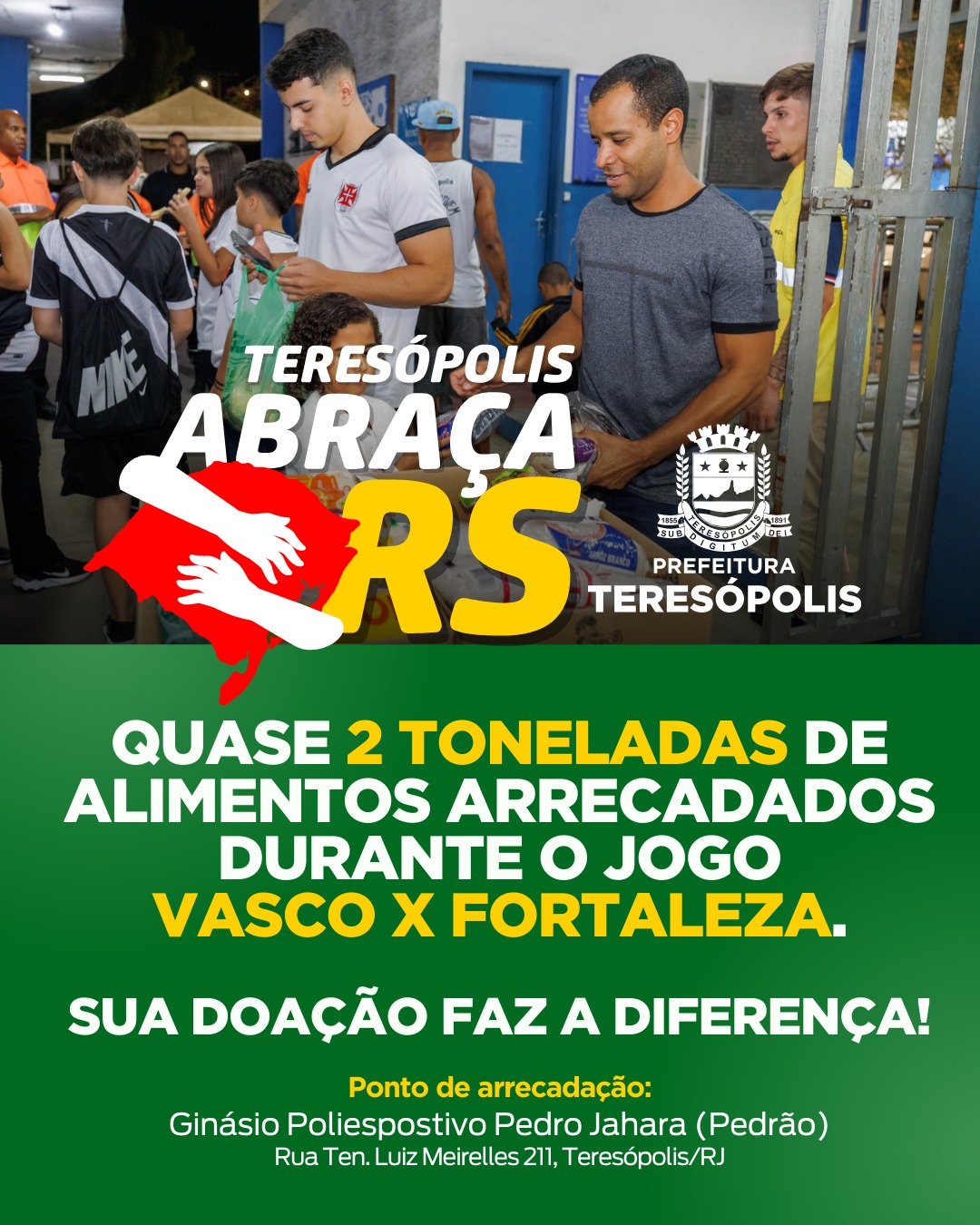 Campanha 'Teresópolis abraça RS' arrecada quase 2 toneladas de alimentos em apenas um único dia.