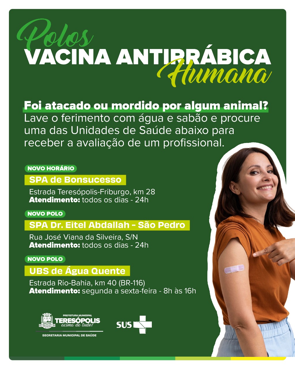 Teresópolis ganha dois novos pontos de vacinação de profilaxia antirrábica humana: Água Quente e São Pedro.