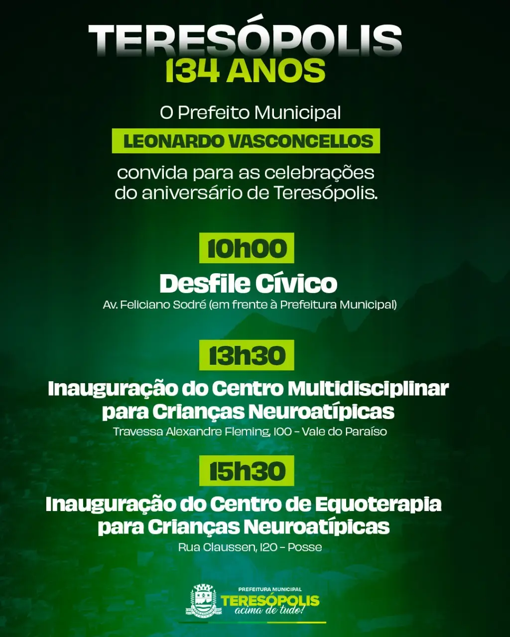 Teresópolis 134 anos: Prefeito Leonardo Vasconcellos inaugura Centro de Atendimento Multidisciplinar e Centro Hípico de Equoterapia para crianças neoroatípicas