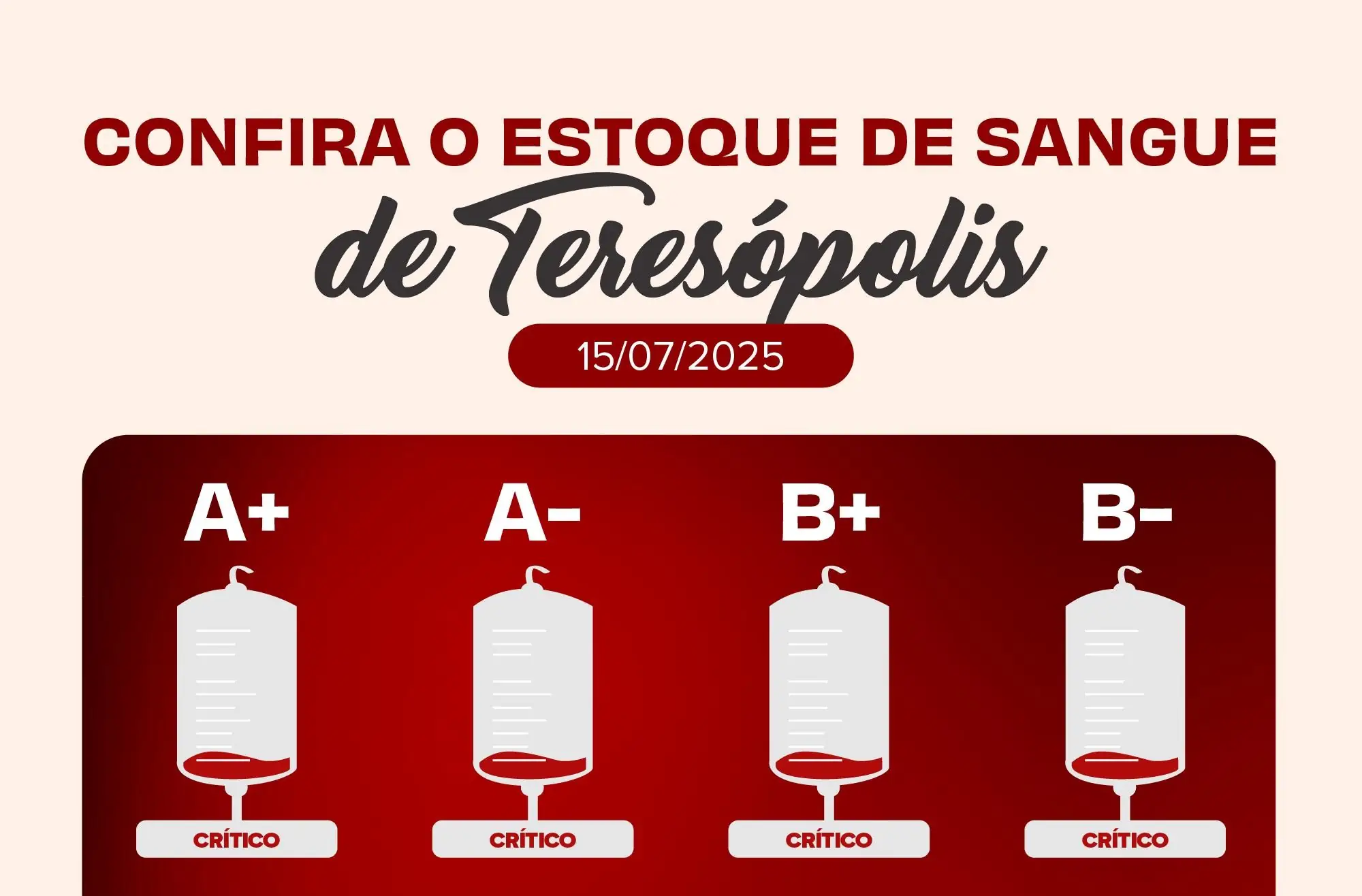 Com estoque em nível crítico, Hemonúcleo de Teresópolis convida população a doar sangue