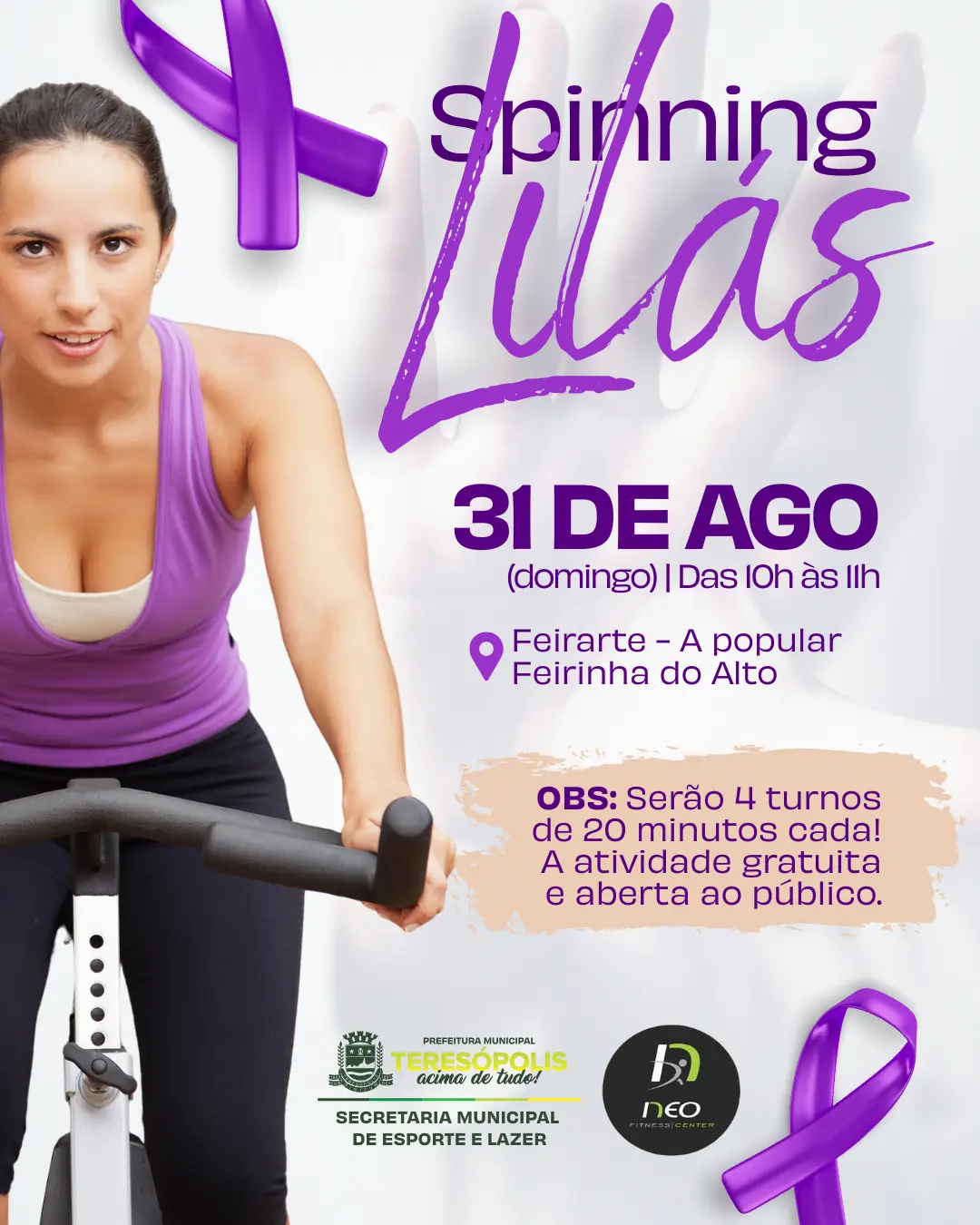 Spinning Lilás: Ação gratuita une esporte, saúde e conscientização!