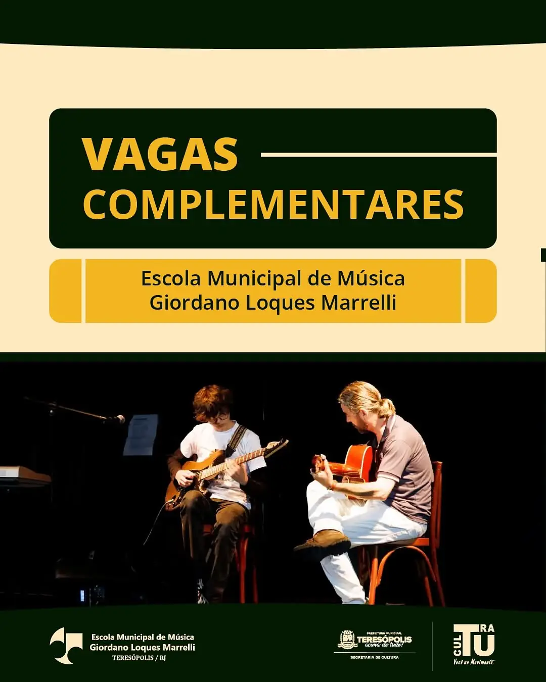 Inscrições até quarta, 03/9, para vagas em 4 cursos gratuitos na Escola Municipal de Música de Teresópolis