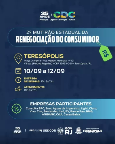 2º Mutirão Estadual da Renegociação do Consumidor acontece de quarta, 10, a sexta, 12/9, em Teresópolis