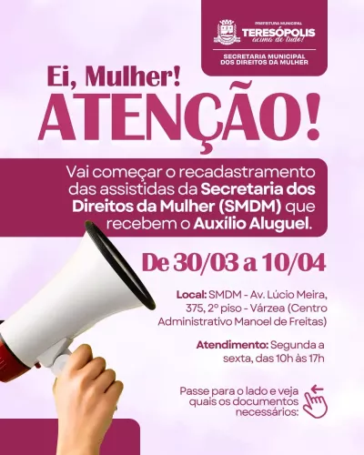 Secretaria dos Direitos da Mulher abre prazo para atualização de dados do auxílio aluguel