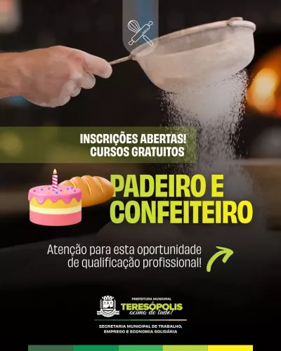 Abertas as inscrições para cursos gratuitos de padeiro e confeiteiro em Teresópolis